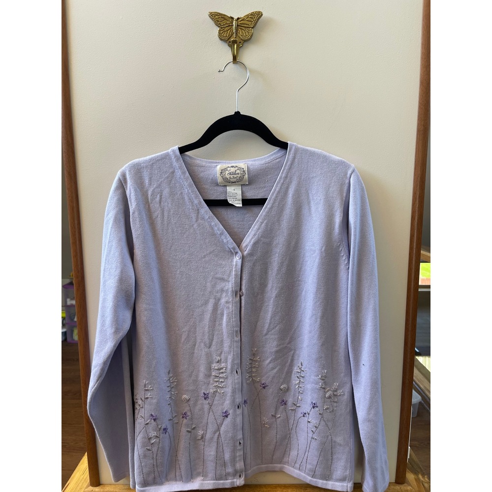 Stitches In Time Lavender Purple Floral Embroidered Button Front Cardigan Small